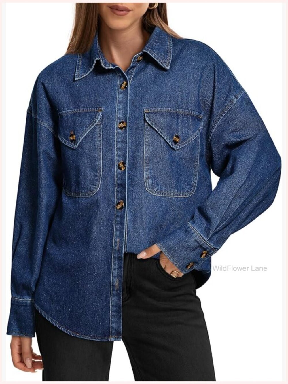 Oversized Denim Shirt Long Sleeve Boyfriend Jacket Button Down Top Blouse